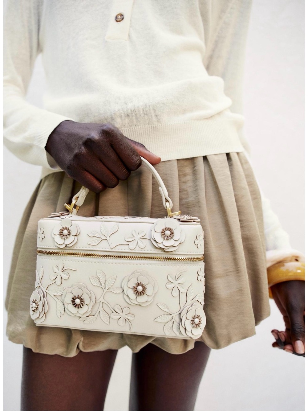 Zara floral appliqué ivory vanity style handbag clutch crossbody purse